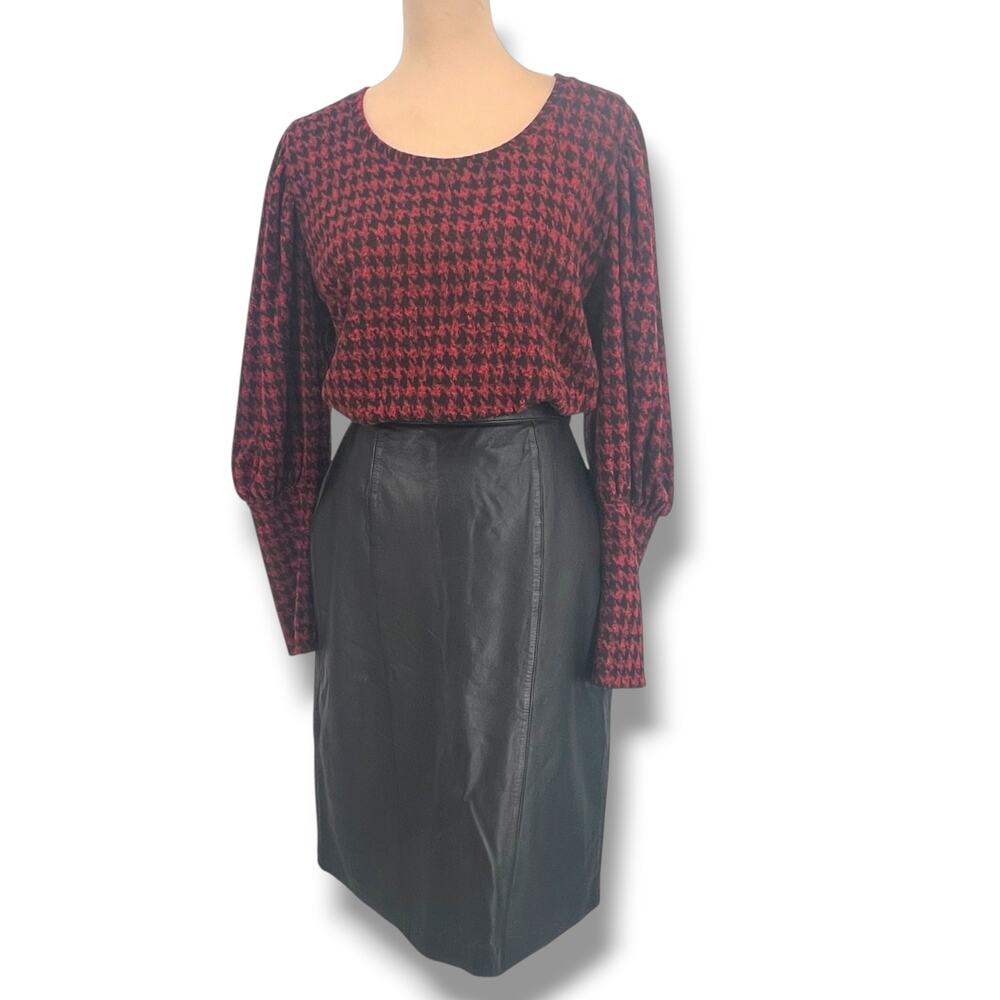 VTG EVAN DAVIES Black Leather Midi Pencil Skirt 12 Goth Grunge Office